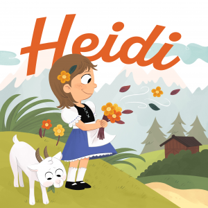 En la imagen se ve a una niña, Heidi, con un ramo de flores en la mano y a su ladi una ovejita blanca. Al fondo se distingue una casa en la montaña.