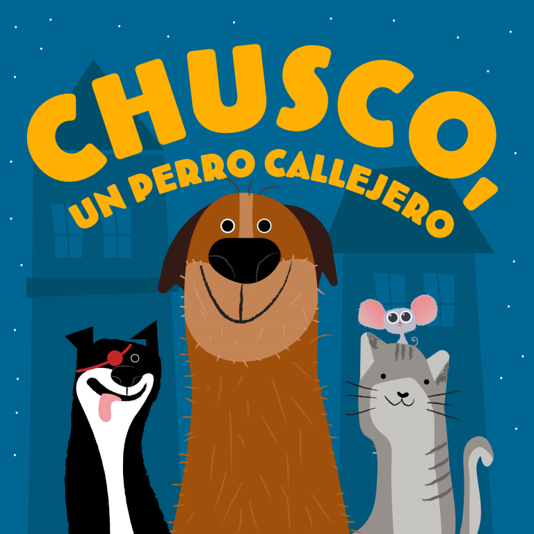 Ilustración de Chusco, un perro callejero, está junto a sus amigos perro, gato y ratón que le acompañan en una noche estrellada en la ciudad.