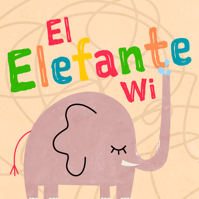 Imagen de un elefante joven. Cada letra del título está pintada de un color diferente y la cola del elefante es roja