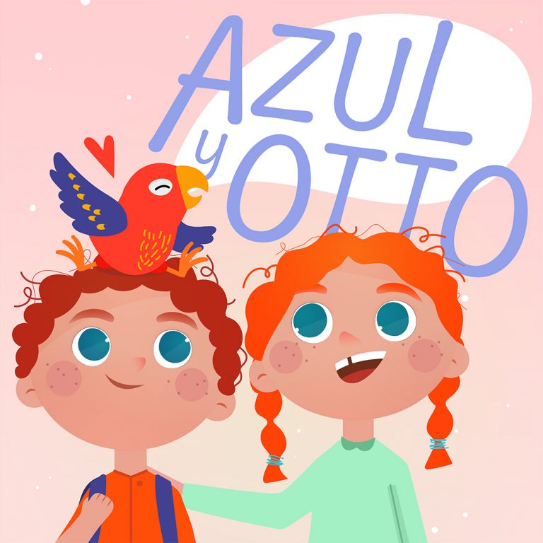 En la imagen se ven un niño y una niña. Encima de la cabeza del niño hay un loro revoloteando sobre la cabeza de Otto.