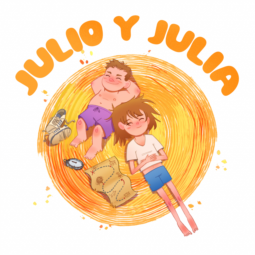 En la imagen se ven a dos niños, Julio y Julia, tumbados en la playa, tomando el sol. Él en bañador y ella con camiseta y pantalón corto. Junto a ellos hay un plano del tesoro y una brújula.